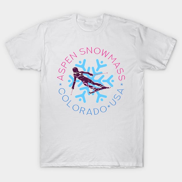 Aspen Snowmass, Colorado - Woman, Female Skier, Stylish BLue Snowflake T-Shirt by funfun